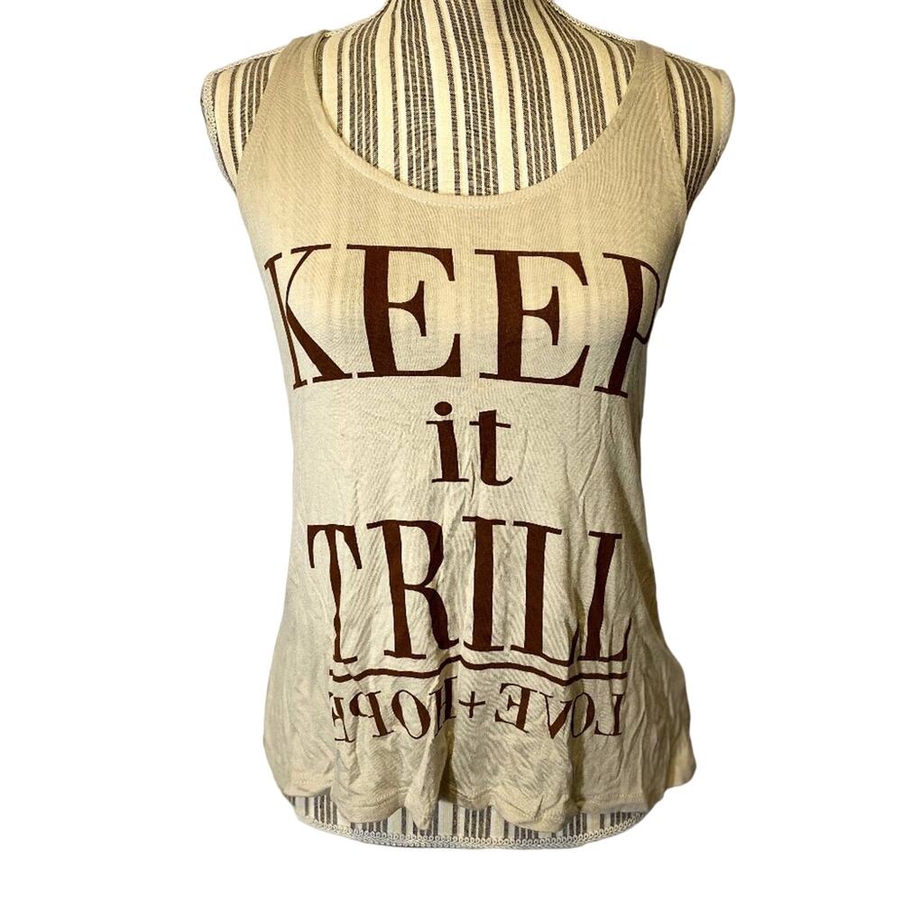 JC Fits Inc Tan “Keep It Trill” Love & Hope Graphic Sleeveless Tank Top Women Sm
